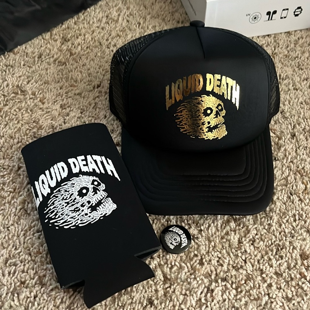 Liquid Death Hat, Koozie and pin